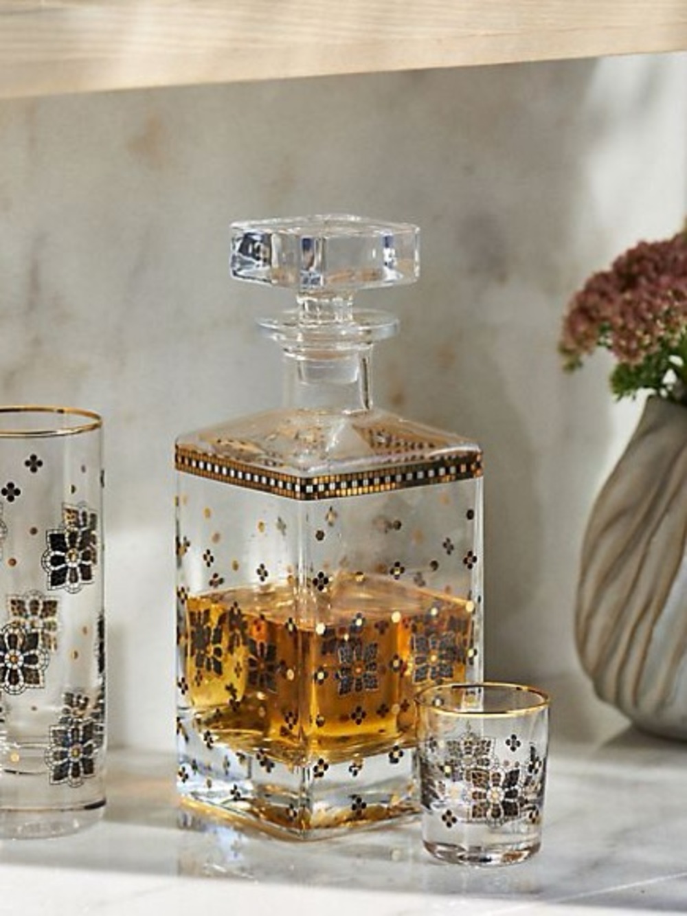 Anthropologie Clear Glass Decanter Set with Gold and Black Floral Accents